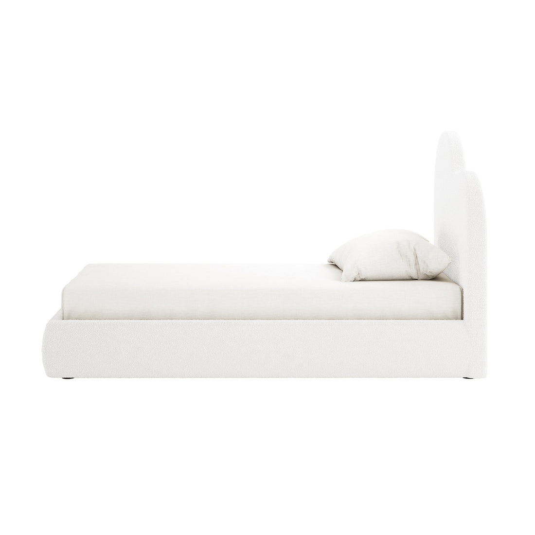 Thales Single Curved Boucle Fabric Bed Frame in Cream White, showcasing a low-profile design with a curved headboard, platform base, rectangular mattress, and matching pillow, all against a clean white backdrop.