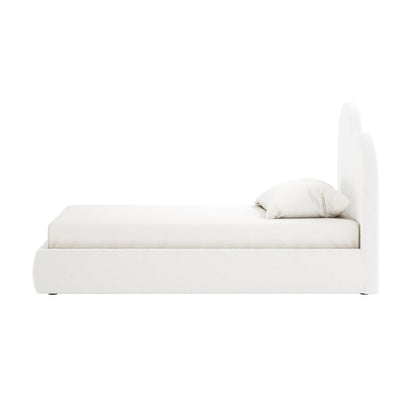 Thales Single Curved Boucle Fabric Bed Frame in Cream White, showcasing a low-profile design with a curved headboard, platform base, rectangular mattress, and matching pillow, all against a clean white backdrop.