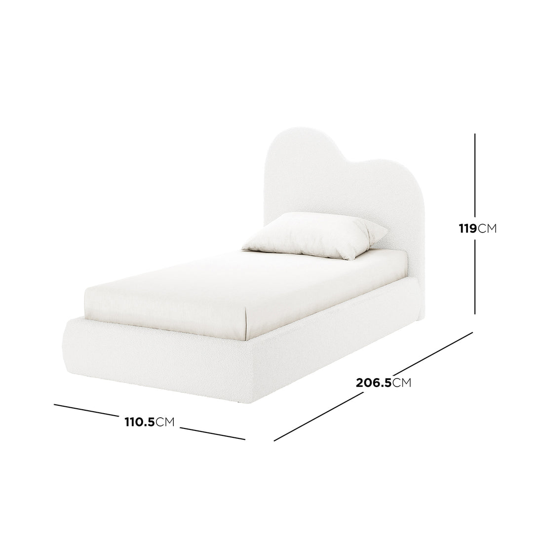Thales Single Curved Boucle Fabric Bed Frame features a sculpted cloud-shaped headboard, low padded base, and minimalist design with dimension lines indicating its size, against a plain backdrop.
