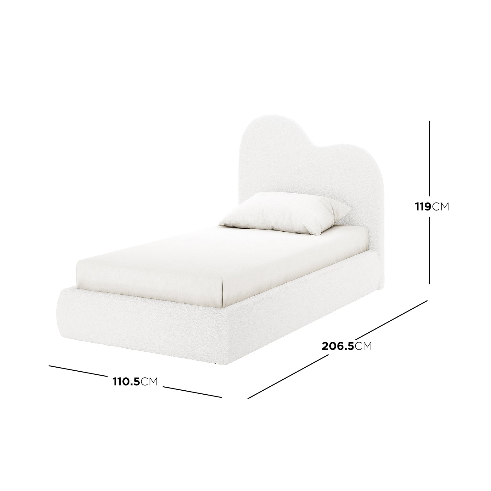 Thales Single Curved Boucle Fabric Bed Frame features a sculpted cloud-shaped headboard, low padded base, and minimalist design with dimension lines indicating its size, against a plain backdrop.
