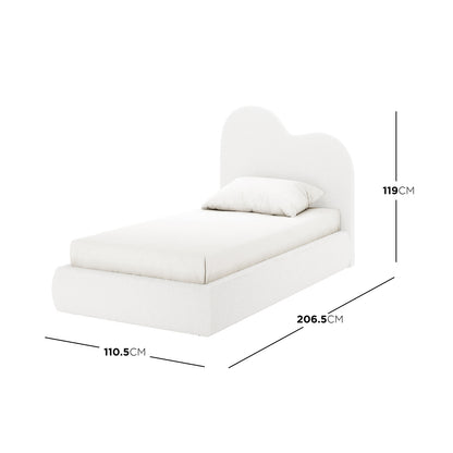 Thales Single Curved Boucle Fabric Bed Frame features a sculpted cloud-shaped headboard, low padded base, and minimalist design with dimension lines indicating its size, against a plain backdrop.
