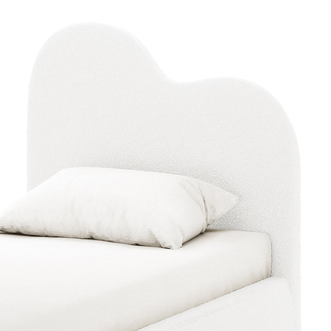 Thales Single Curved Boucle Fabric Bed Frame in Cream White features a softly curved boucle-style headboard with a white pillow on a white mattress, highlighting its elegant, cozy design.
