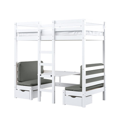 Timothy Solid Pine Loft Bed with Desk in Grey features a top bunk with guardrails, a front ladder, and a multifunctional table and benches below, each with storage drawers.