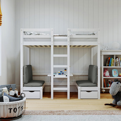 Children’s room corner featuring the Timothy Solid Pine Loft Bed with Desk in Grey, showcasing a white frame with ladder, integrated desk, benches with storage, and surrounding toys and books.