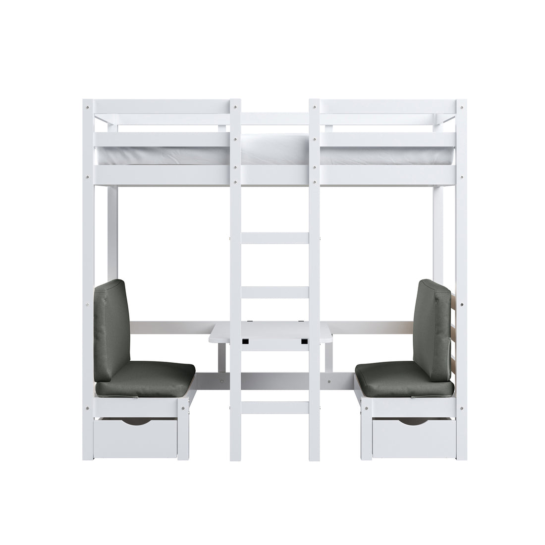 Timothy Solid Pine Loft Bed with Desk in Grey features a white wooden frame, top mattress, central ladder, dual cushioned seats, pull-out desk, and under-seat storage, ideal for compact spaces.