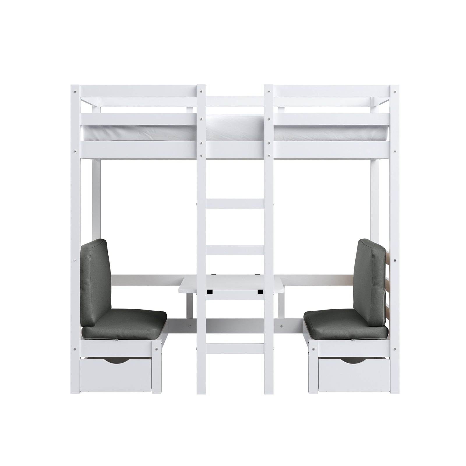 Timothy Solid Pine Loft Bed with Desk in Grey features a white wooden frame, top mattress, central ladder, dual cushioned seats, pull-out desk, and under-seat storage, ideal for compact spaces.