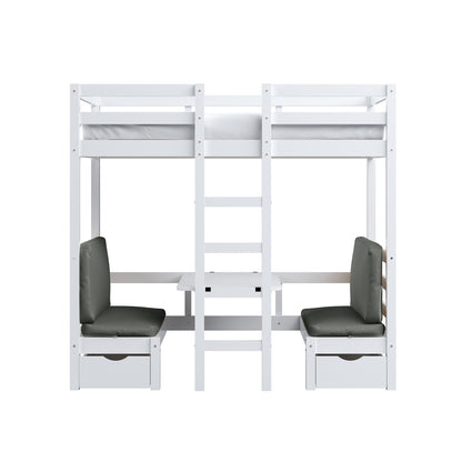 Timothy Solid Pine Loft Bed with Desk in Grey features a white wooden frame, top mattress, central ladder, dual cushioned seats, pull-out desk, and under-seat storage, ideal for compact spaces.