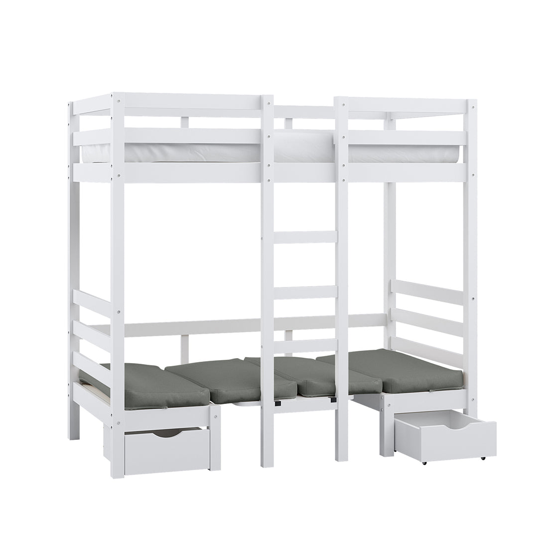 Timothy Solid Pine Loft Bed with Desk in Grey features a white wooden bunk frame, central ladder, top guardrails, fold-out cushions, and pull-out storage, offering a multifunctional space-saving solution.