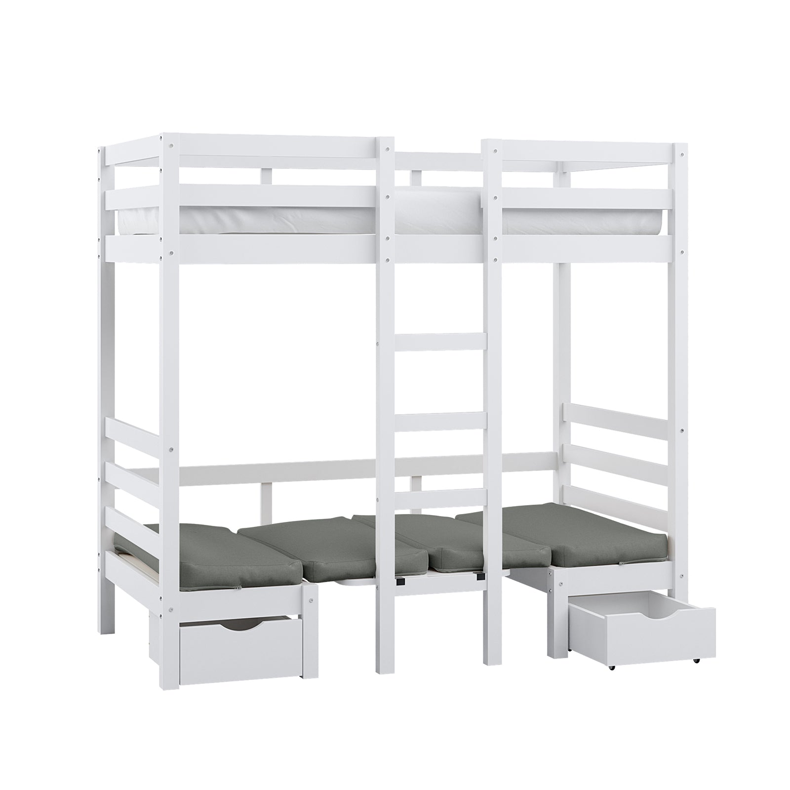 Timothy Solid Pine Loft Bed with Desk in Grey features a white wooden bunk frame, central ladder, top guardrails, fold-out cushions, and pull-out storage, offering a multifunctional space-saving solution.