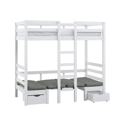 Timothy Solid Pine Loft Bed with Desk in Grey features a white wooden bunk frame, central ladder, top guardrails, fold-out cushions, and pull-out storage, offering a multifunctional space-saving solution.
