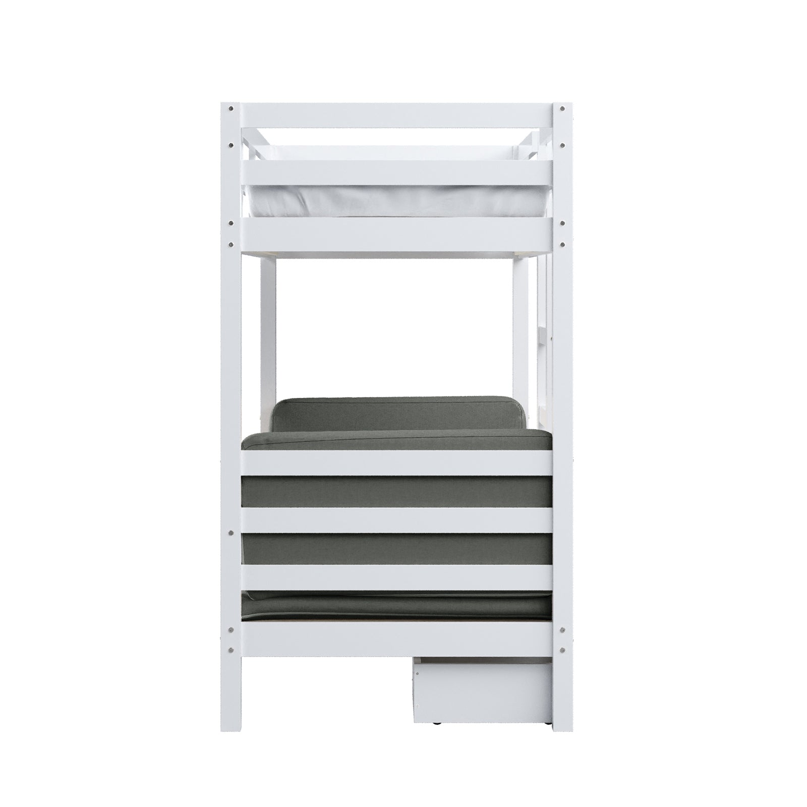 Timothy Solid Pine Loft Bed with Desk in Grey, featuring a white wooden bunk-bed frame with a top single mattress and a lower trundle bed with a grey cushion, maximizing space and functionality.