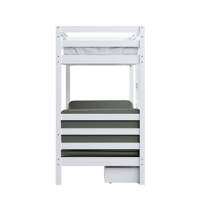Timothy Solid Pine Loft Bed with Desk in Grey, featuring a white wooden bunk-bed frame with a top single mattress and a lower trundle bed with a grey cushion, maximizing space and functionality.