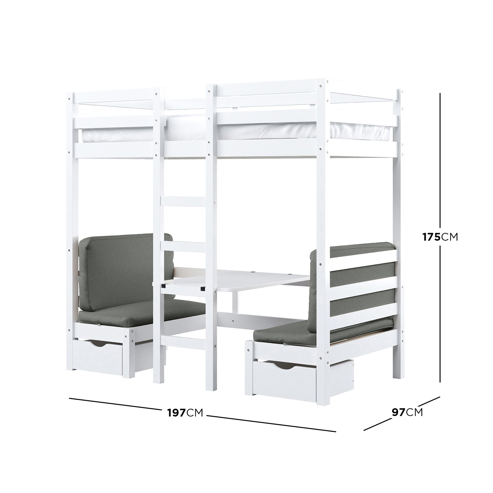 Timothy Solid Pine Loft Bed with Desk in Grey features a top bunk with guard rails, central ladder, and an integrated desk with bench seating and storage drawers below.