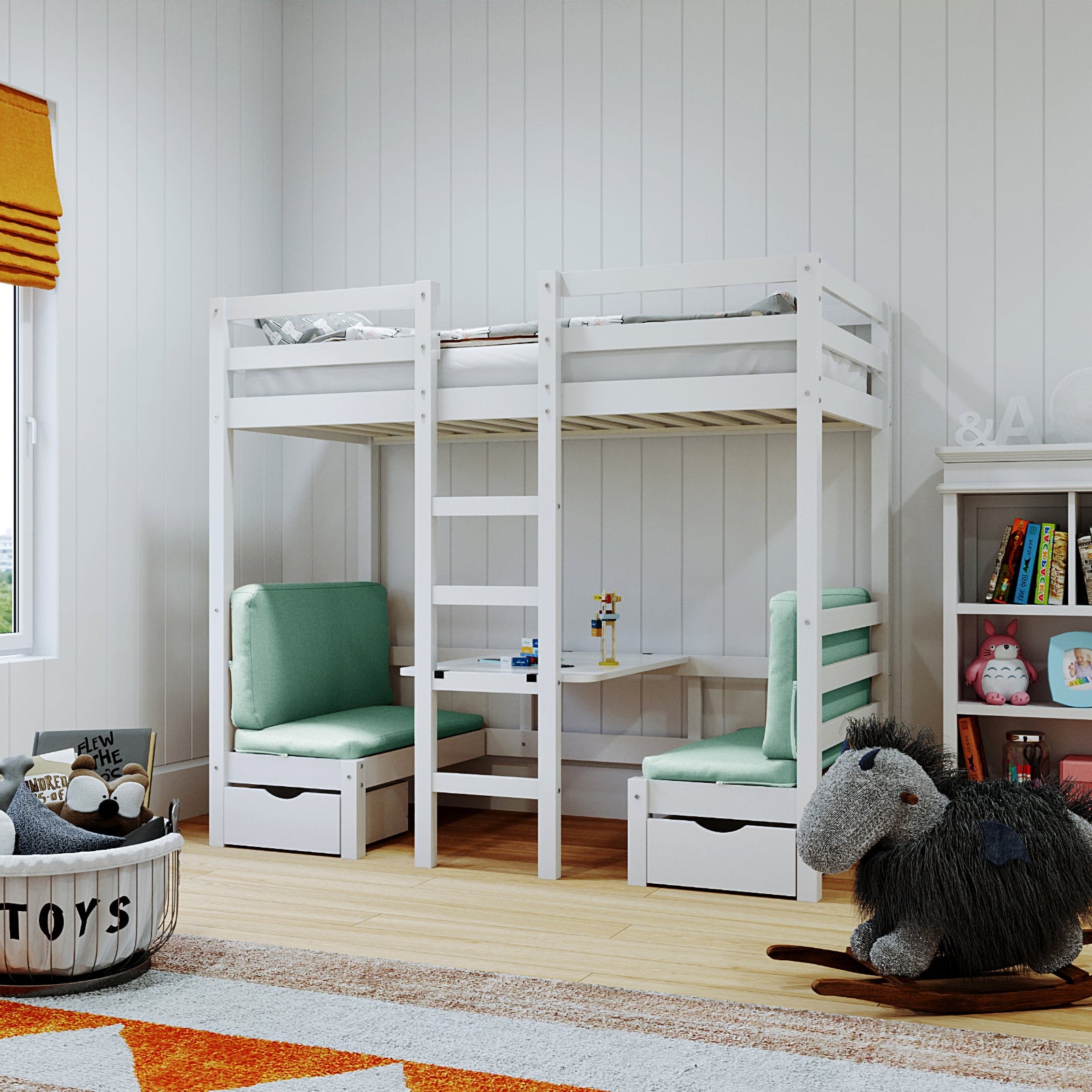 Timothy Solid Pine Loft Bed with Desk in Mint Green – Luxo Living