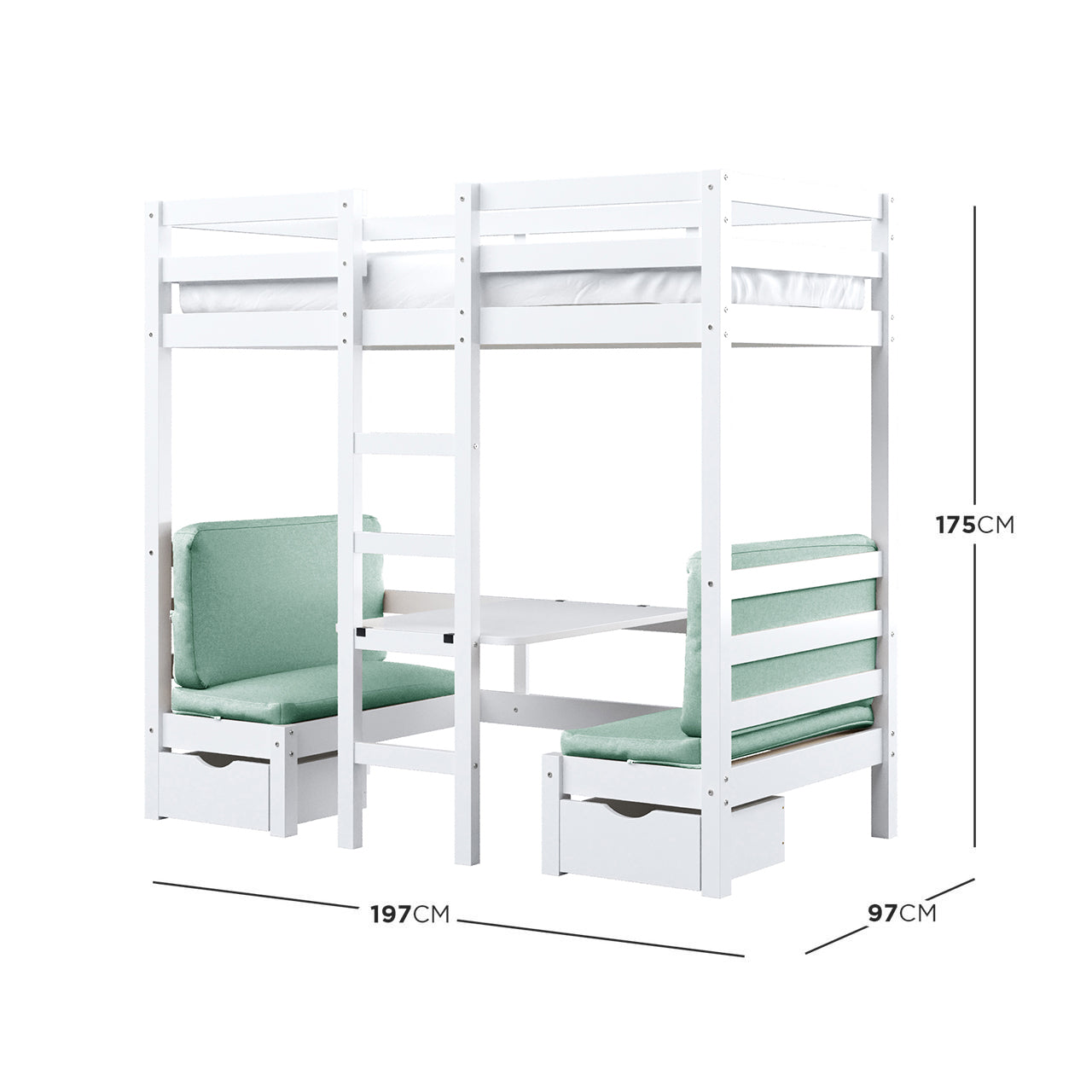 Timothy Solid Pine Loft Bed with Desk in Mint Green – Luxo Living