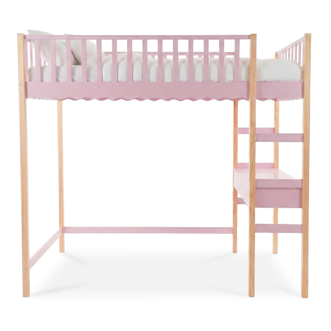 Full view of pink and wood-tone children’s loft bed on white background