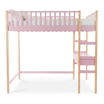 Full view of pink and wood-tone children’s loft bed on white background