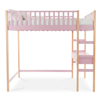 Full view of pink and wood-tone children’s loft bed on white background