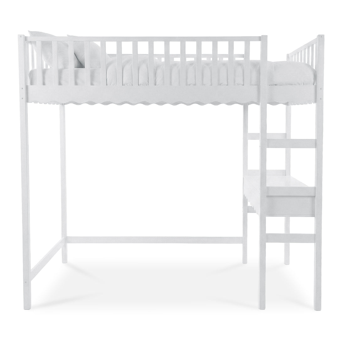 White elevated loft bed with safety railings on a white background