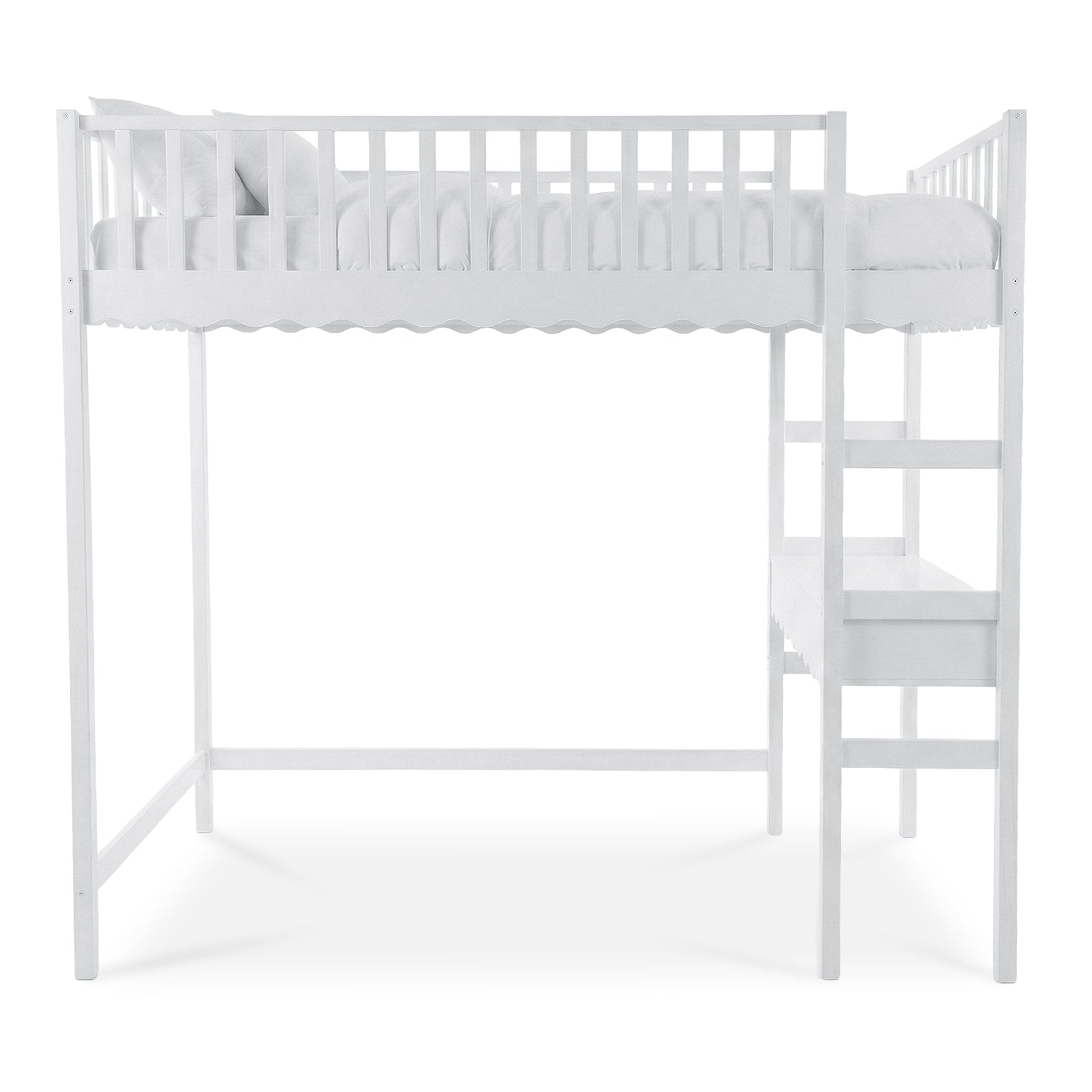 White elevated loft bed with safety railings on a white background