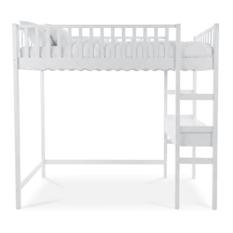 White elevated loft bed with safety railings on a white background