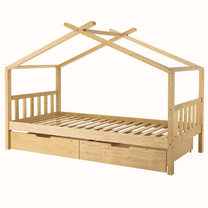 Tucker Solid Pine Timber Kids Bed with Drawers Natural features a house-shaped frame with slatted mattress support, picket side rails, and two pull-out storage drawers, crafted from light-colored wood.