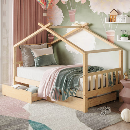 Tucker Solid Pine Timber Kids Bed with Drawers Natural features a house-frame design, crisp white sheets, decorative pillows, and open storage drawers. It's perfect for a cozy, organized children's bedroom.