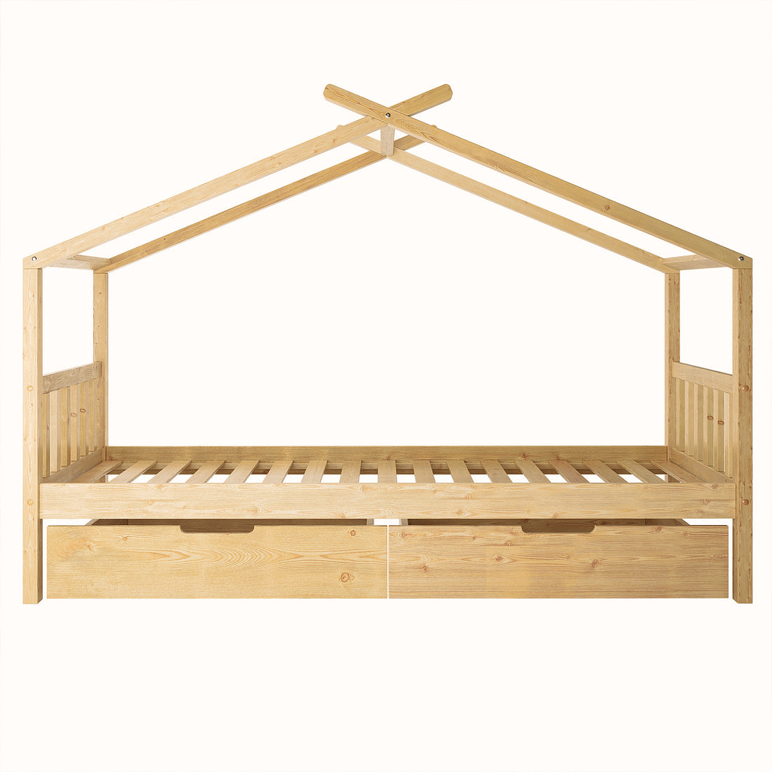 Tucker Solid Pine Timber Kids Bed with Drawers Natural features a house-shaped light wood frame with slanted beams and two large pull-out storage drawers underneath a slatted base, ideal for imaginative play and storage.