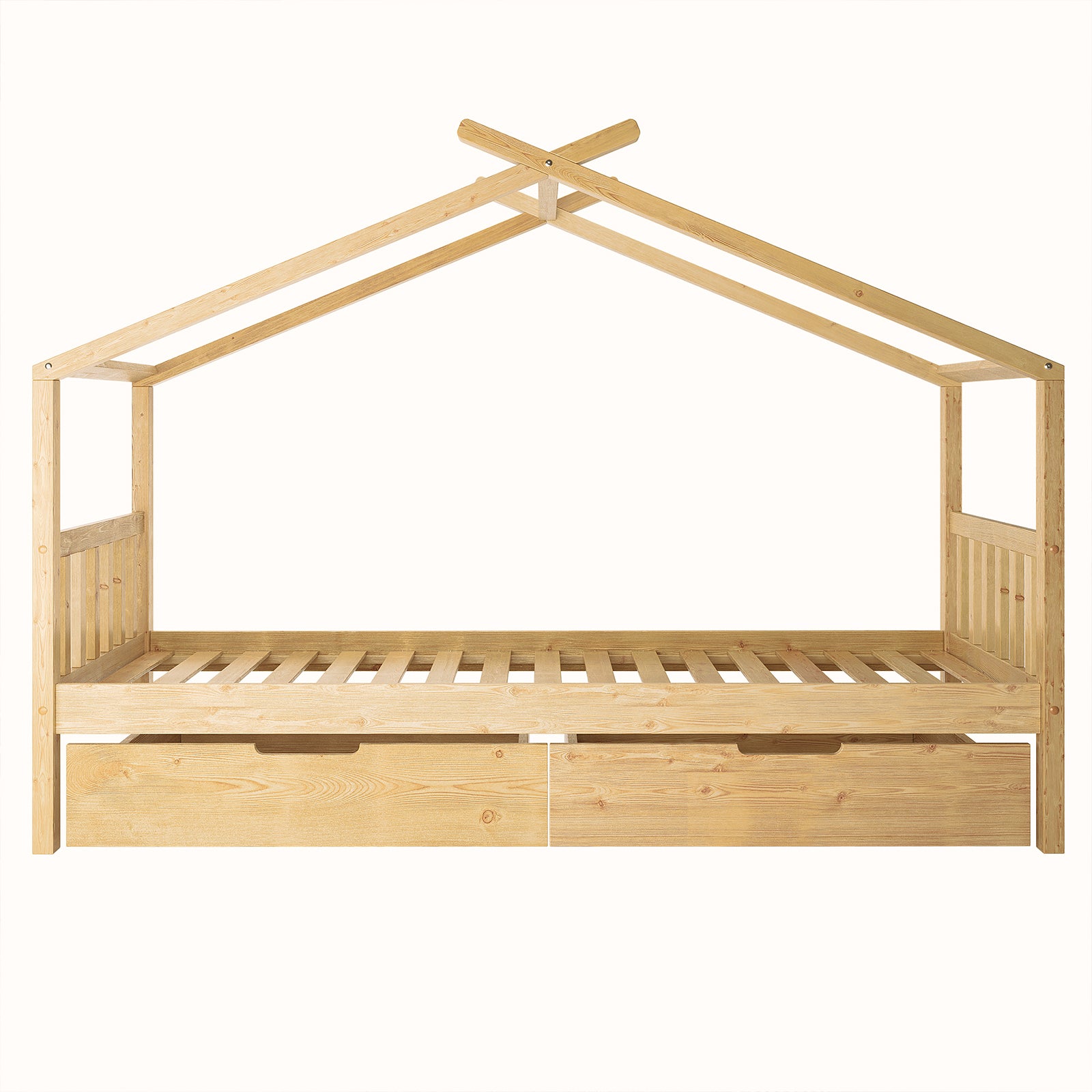 Tucker Solid Pine Timber Kids Bed with Drawers Natural features a house-shaped light wood frame with slanted beams and two large pull-out storage drawers underneath a slatted base, ideal for imaginative play and storage.
