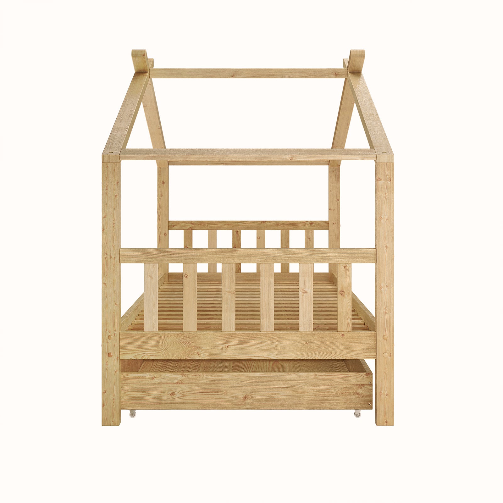 Tucker Solid Pine Timber Kids Bed with Drawers Natural features a house-shaped wooden frame with guard rails, slatted mattress supports, and a pull-out drawer beneath, offering a cozy and functional sleeping space.