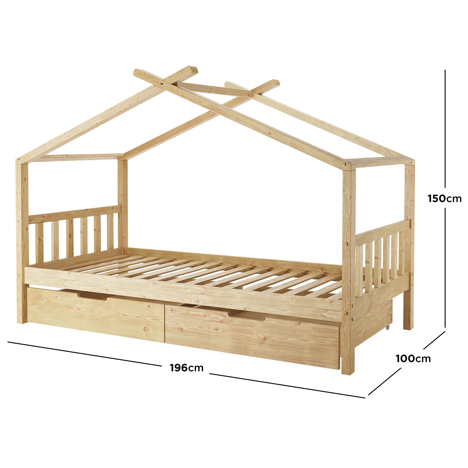 Tucker Solid Pine Timber Kids Bed with Drawers Natural features a house-shaped frame, slatted mattress support, low side rails, and two under-bed storage drawers, offering a playful yet practical design for kids.