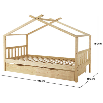 Tucker Solid Pine Timber Kids Bed with Drawers Natural features a house-shaped frame, slatted mattress support, low side rails, and two under-bed storage drawers, offering a playful yet practical design for kids.