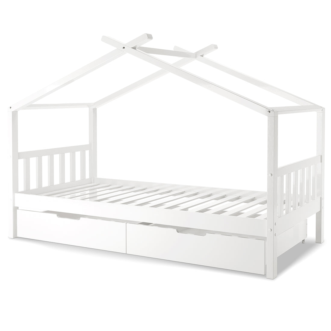 Tucker Solid Pine Timber Kids Bed with Drawers White features a house-style frame with low platform, slatted support, short side rails, open roof frame, and two integrated pull-out storage drawers.