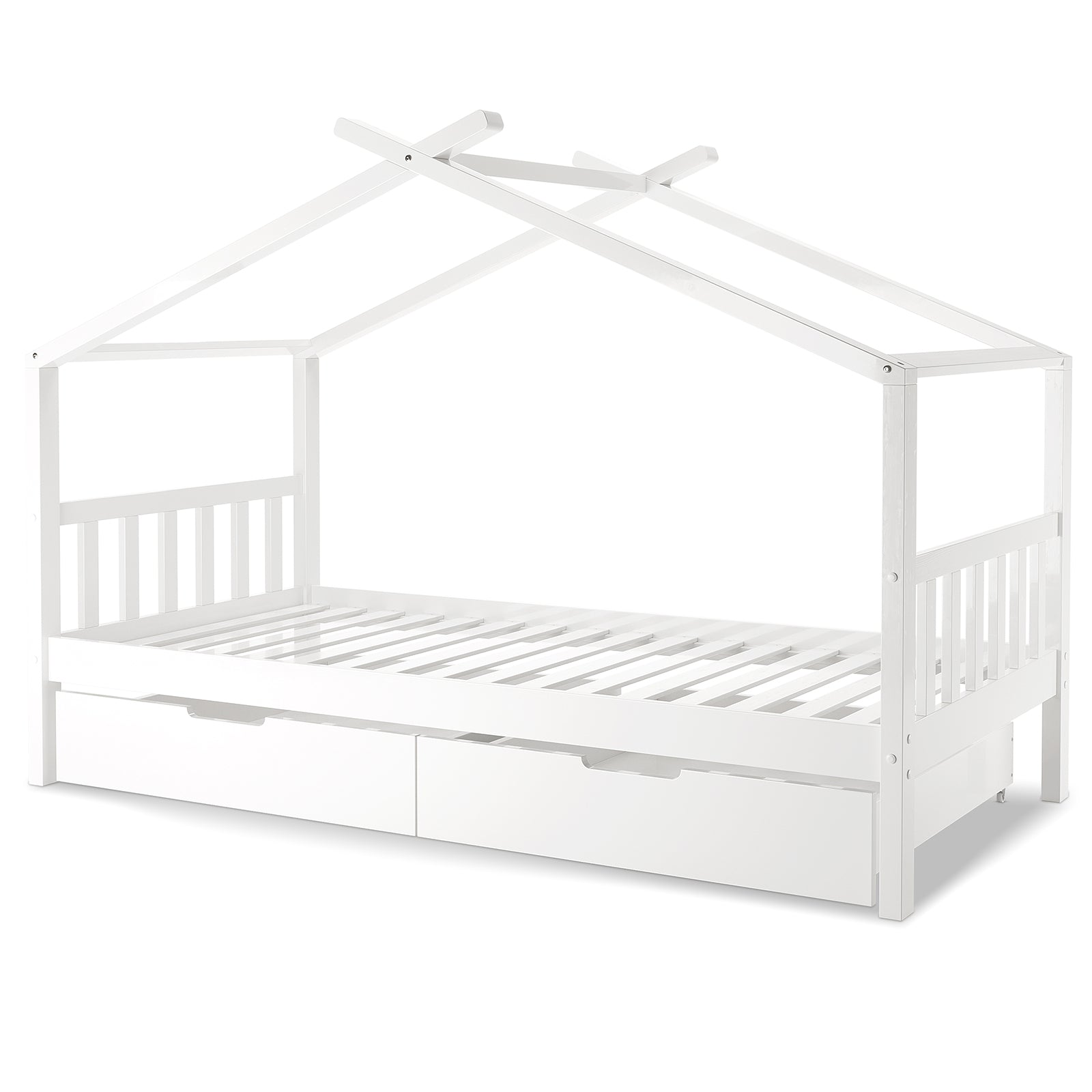 Tucker Solid Pine Timber Kids Bed with Drawers White features a house-style frame with low platform, slatted support, short side rails, open roof frame, and two integrated pull-out storage drawers.