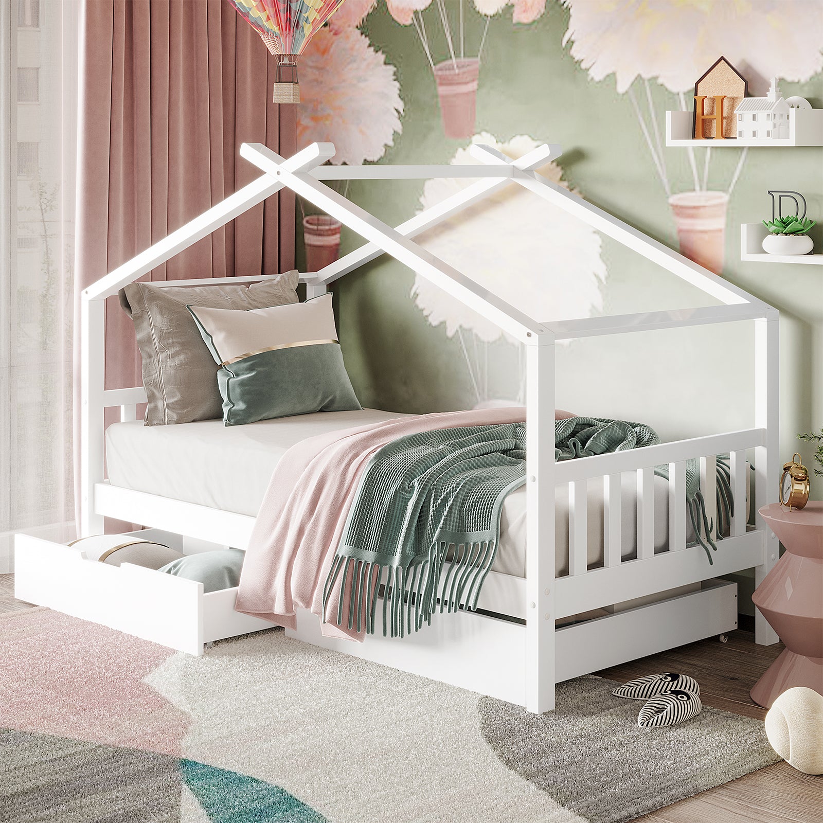 Tucker Kids Solid Wood House Bed Frame with Drawers in White