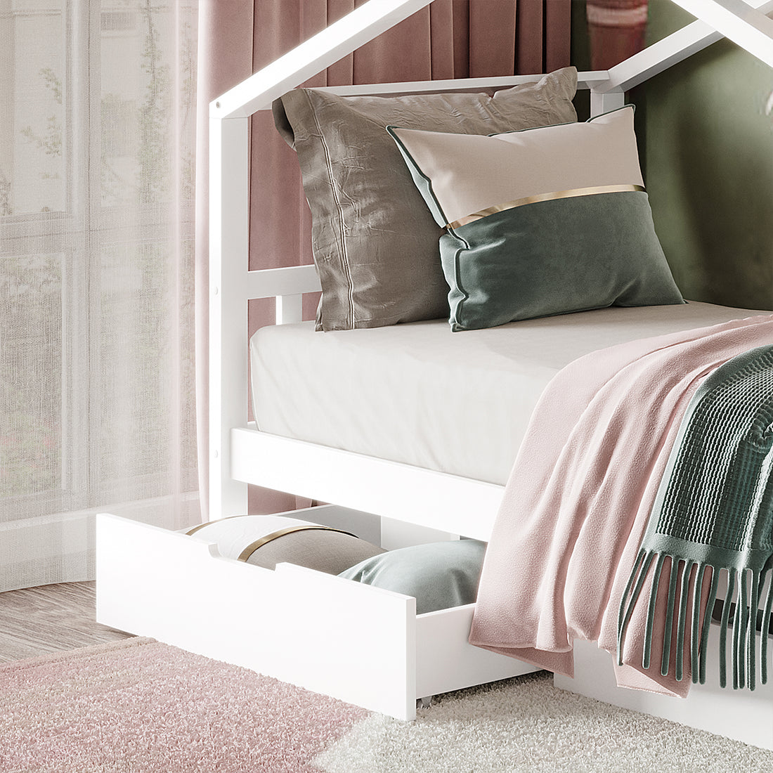 Tucker Solid Pine Timber Kids Bed with Drawers White features a house-frame design, pastel linens, decorative pillows, and storage drawers below, creating a cozy and functional sleeping space for children.