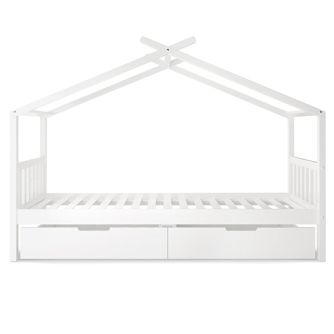 Tucker Solid Pine Timber Kids Bed with Drawers White features a house-shaped frame, slatted side rails, peaked roof structure, slatted mattress platform, and two pull-out storage drawers for practicality and safety.