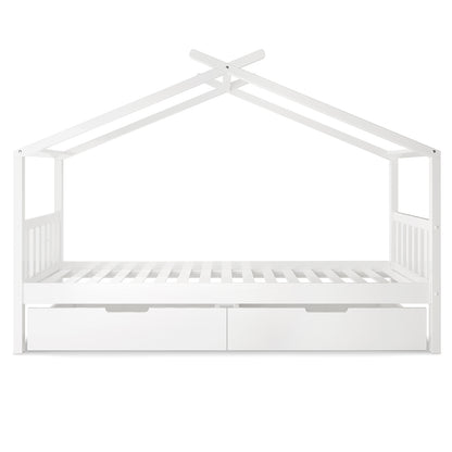 Tucker Solid Pine Timber Kids Bed with Drawers White features a house-shaped frame, slatted side rails, peaked roof structure, slatted mattress platform, and two pull-out storage drawers for practicality and safety.