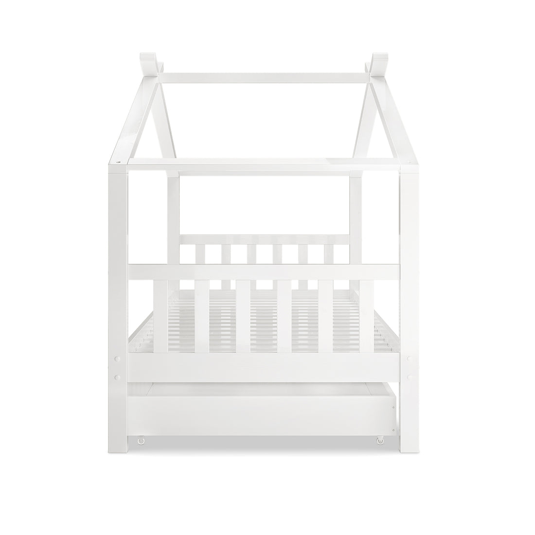 Tucker Solid Pine Timber Kids Bed with Drawers White, featuring a house-style frame with pitched-roof top rails, low guardrails, slatted mattress support, and a pull-out storage drawer on casters.