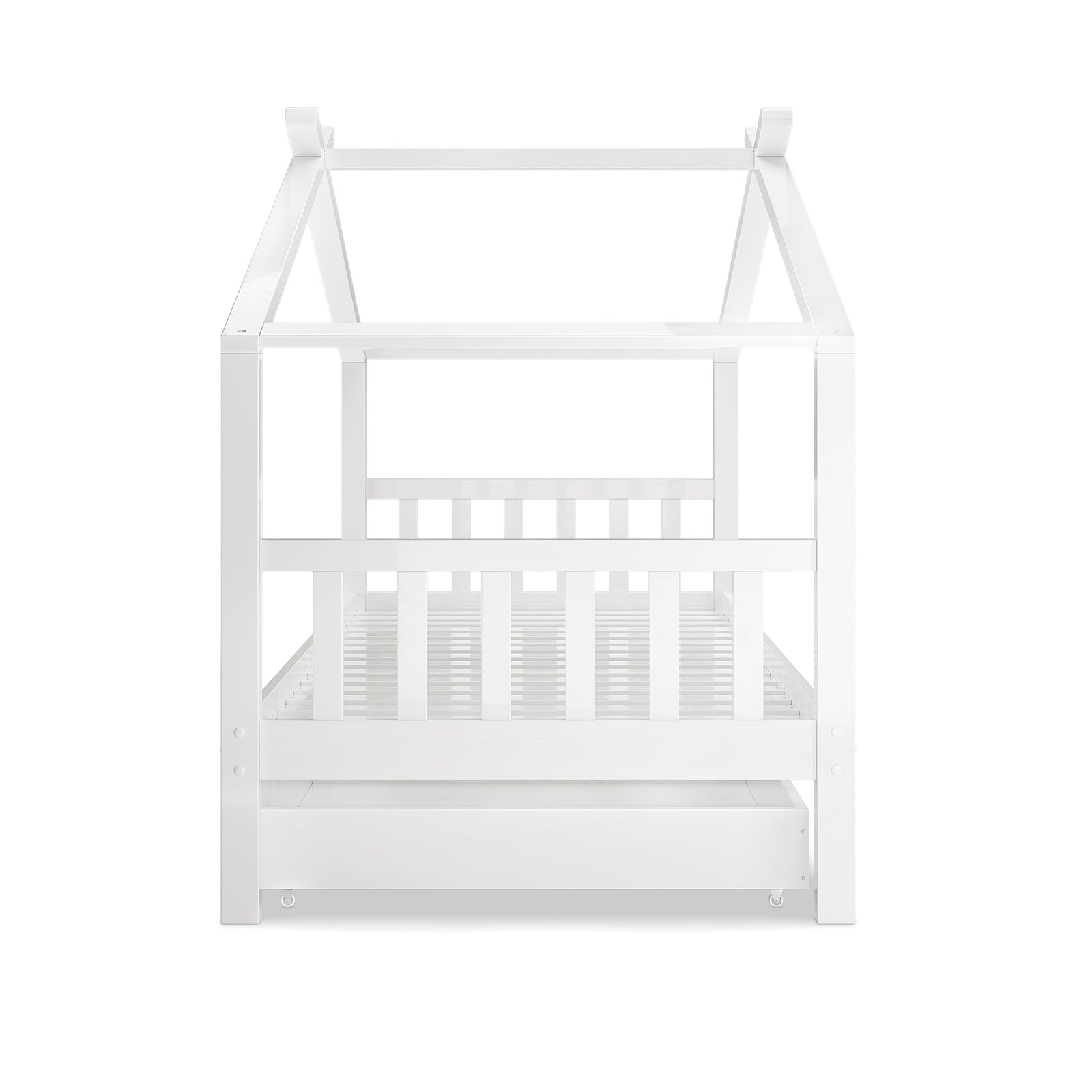 Tucker Solid Pine Timber Kids Bed with Drawers White, featuring a house-style frame with pitched-roof top rails, low guardrails, slatted mattress support, and a pull-out storage drawer on casters.