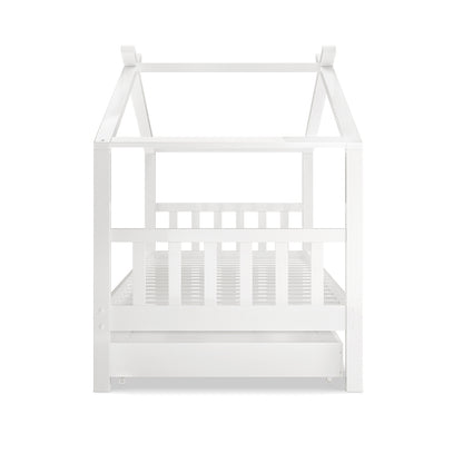 Tucker Solid Pine Timber Kids Bed with Drawers White, featuring a house-style frame with pitched-roof top rails, low guardrails, slatted mattress support, and a pull-out storage drawer on casters.
