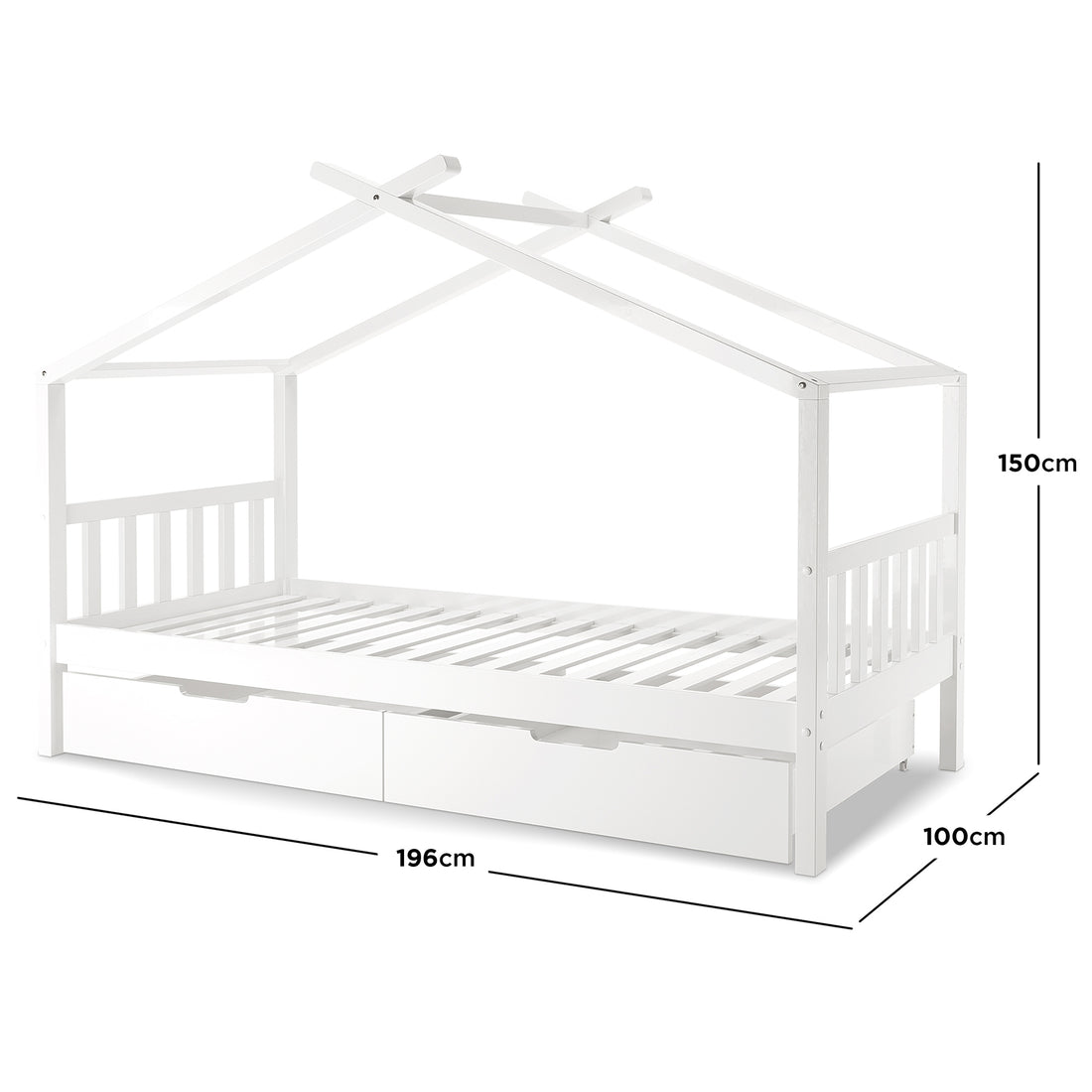 Tucker Solid Pine Timber Kids Bed with Drawers White features a house-shaped frame with roof beams, slatted support, and two pull-out storage drawers, creating a playful and practical sleeping space.