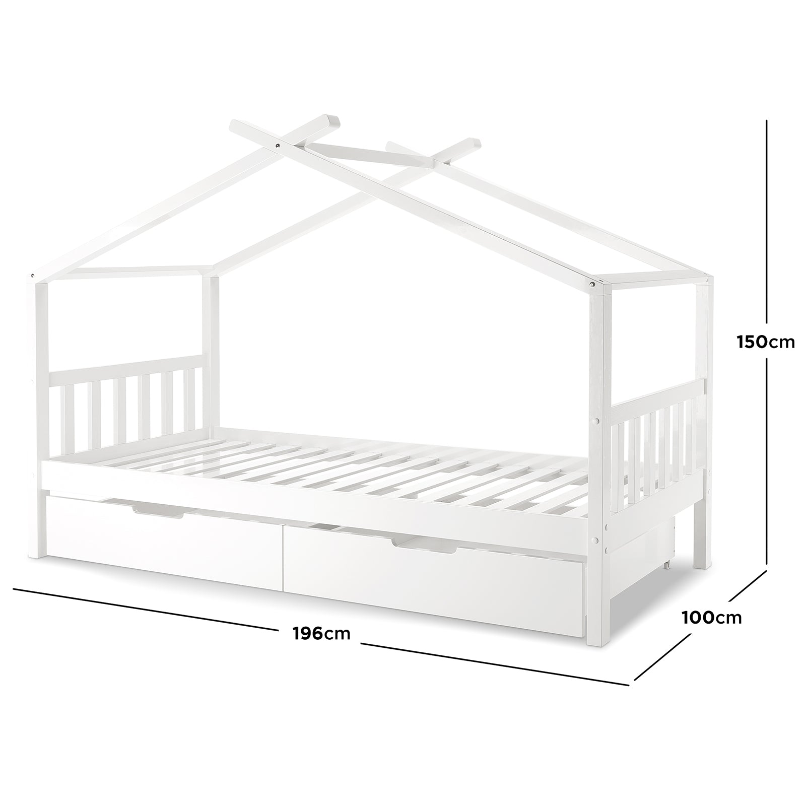 Tucker Solid Pine Timber Kids Bed with Drawers White features a house-shaped frame with roof beams, slatted support, and two pull-out storage drawers, creating a playful and practical sleeping space.