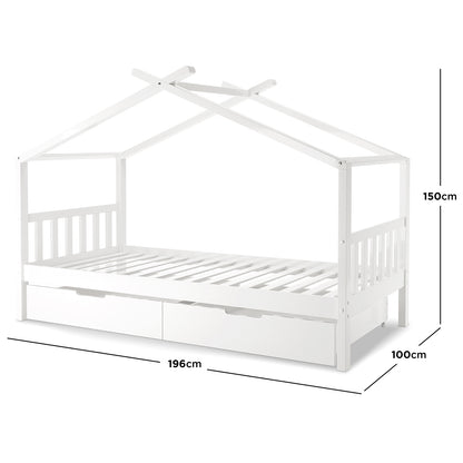Tucker Solid Pine Timber Kids Bed with Drawers White features a house-shaped frame with roof beams, slatted support, and two pull-out storage drawers, creating a playful and practical sleeping space.