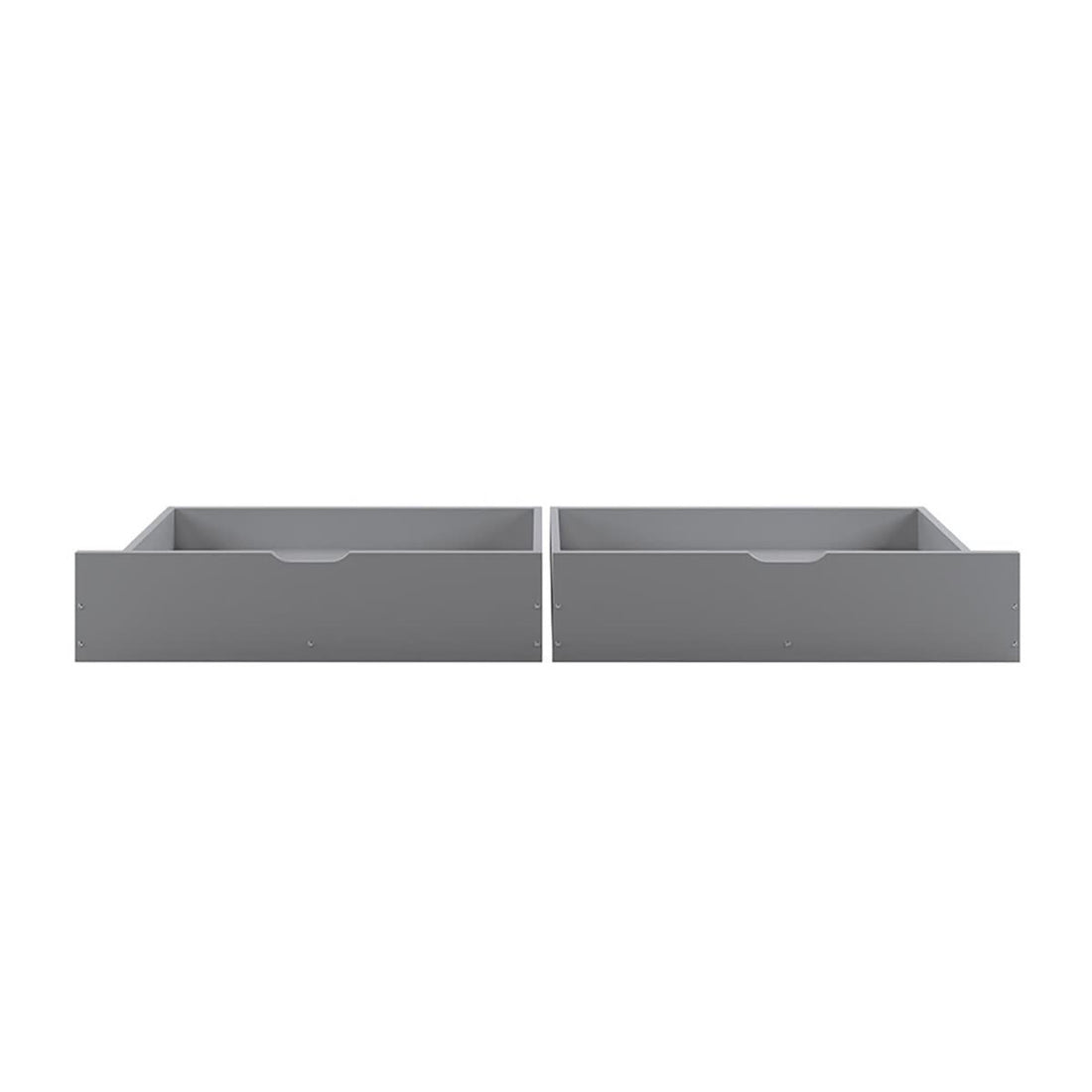 Single Solid Pine Under Bed Twin Storage Drawers in Grey with cut-out handles, showcasing shallow, rectangular design for efficient organization and practical pull-out storage under a single timber bed.