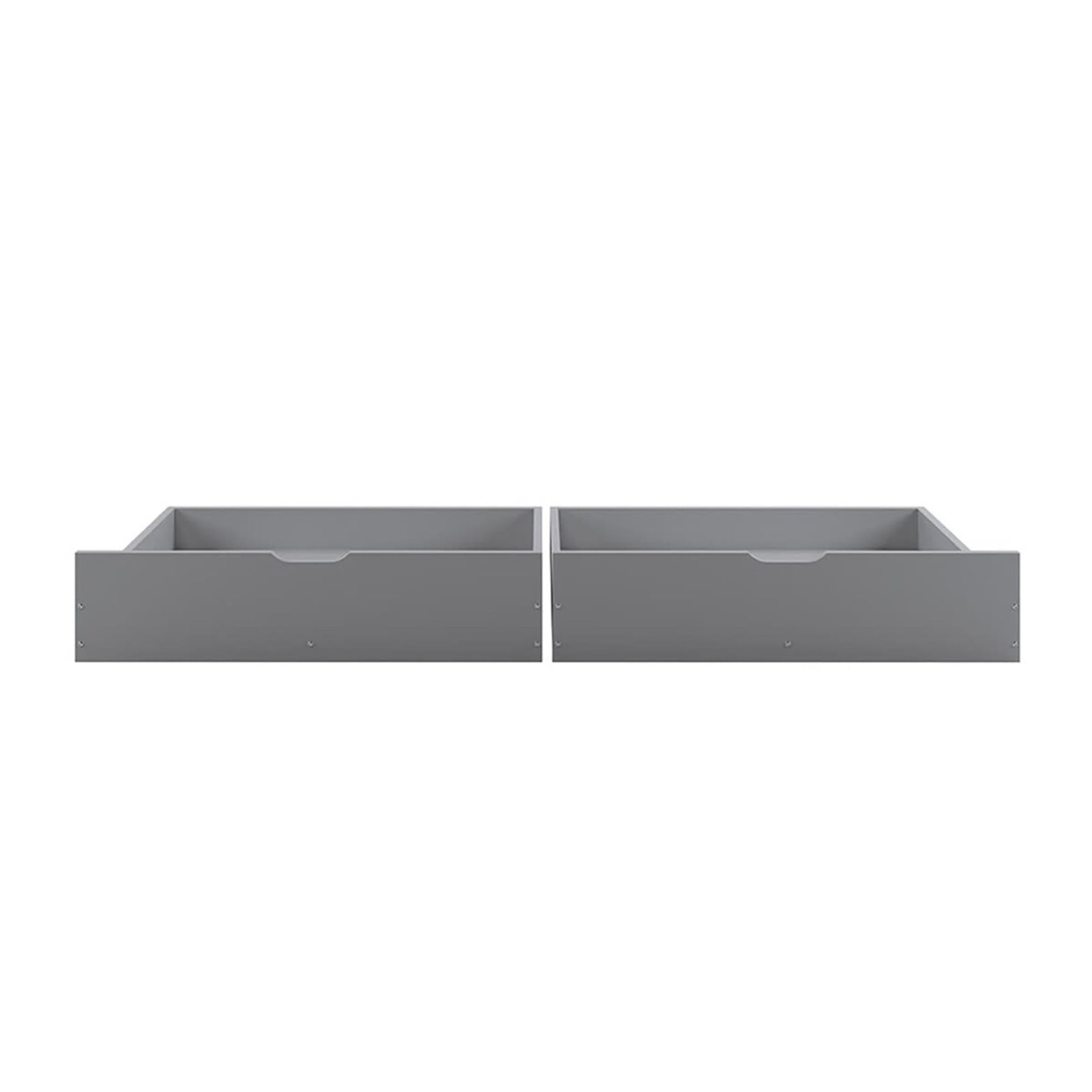 Single Solid Pine Under Bed Twin Storage Drawers in Grey with cut-out handles, showcasing shallow, rectangular design for efficient organization and practical pull-out storage under a single timber bed.