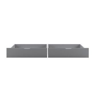 Single Solid Pine Under Bed Twin Storage Drawers in Grey with cut-out handles, showcasing shallow, rectangular design for efficient organization and practical pull-out storage under a single timber bed.