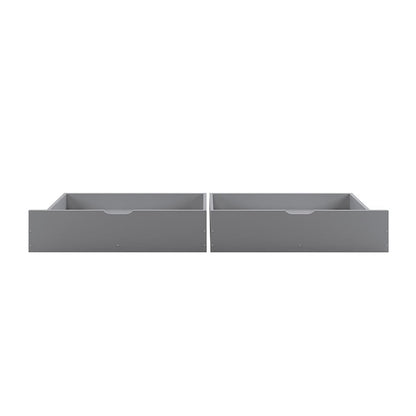 Single Solid Pine Under Bed Twin Storage Drawers in Grey with cut-out handles, showcasing shallow, rectangular design for efficient organization and practical pull-out storage under a single timber bed.