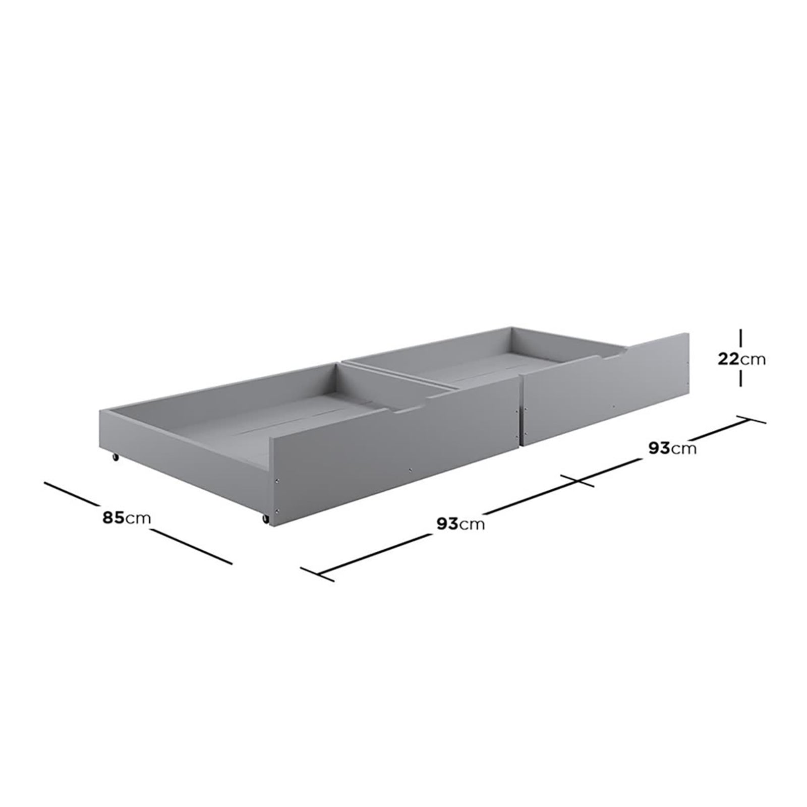 Single Solid Pine Under Bed Twin Storage Drawers in Grey; two rectangular, wheeled drawers made of wood, each measuring 22 cm high, 85 cm wide, and 93 cm long, offering practical under-bed storage.