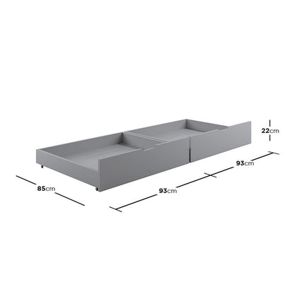 Single Solid Pine Under Bed Twin Storage Drawers in Grey; two rectangular, wheeled drawers made of wood, each measuring 22 cm high, 85 cm wide, and 93 cm long, offering practical under-bed storage.